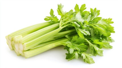 Fresh celery stalks with vibrant green leaves arranged on a clean white background in a studio shot