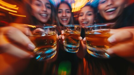 latino, mexican young friends drinking tequila shots at a club dancing, blurry from motion, smiles