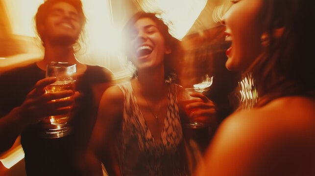 latino, mexican young friends drinking tequila shots at a club dancing, blurry from motion, smiles