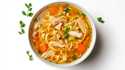 A bowl of chicken noodle soup with carrots and parsley on a white background close up top view