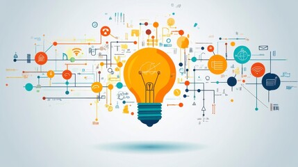 Bright Light Bulb Surrounded by Colorful Technology Icons and Elements
