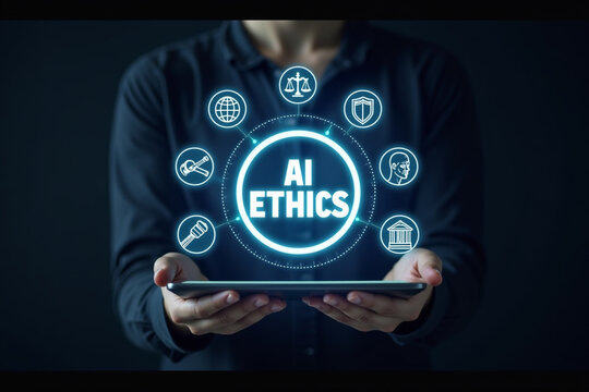 AI ethics and law in artificial intelligence governance. Icons related to AI ethics, symbols of legal scales, security, and global responsibility. ethical standards and regulations in AI technology.