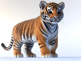 Obraz premium An adorable baby tiger cub stands on a white background showcasing its orange and black striped fur in a cute pose.
