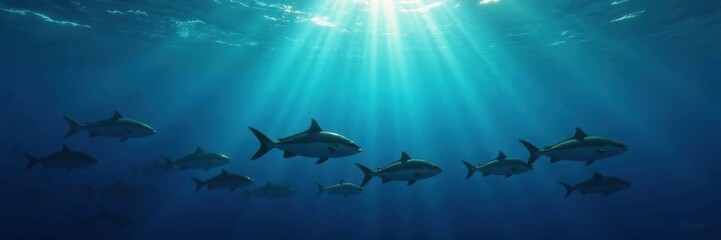 Fototapeta premium School of fish swim beneath the dark blue ocean surface on a sunny day, school, ocean, water