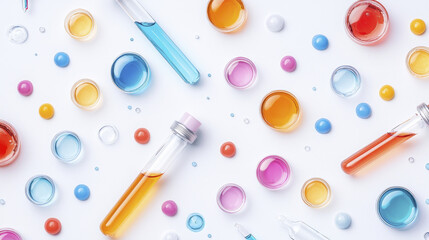 Colorful laboratory glassware and vibrant liquid samples create visually appealing arrangement, showcasing science and experimentation