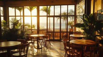 Tropical cafe with ocean view. Sunrise. Ideal for a relaxing break