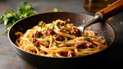 A beautifully arranged bowl of pasta featuring tender meat, sprinkled with fresh herbs, perfect for showcasing delicious and inviting homestyle meals.