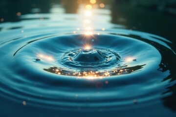 Shimmering droplets of clear water on a lake's surface, surrounded by concentric circles, water droplets, shimmer, lakes