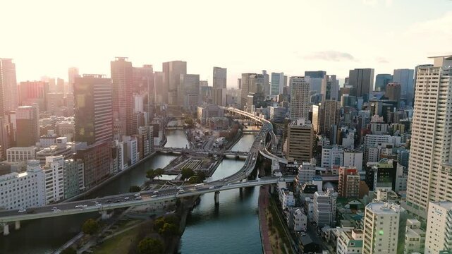 Urban Aerial View of Kitahama, Osaka, Japan