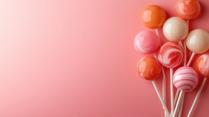 A vibrant array of colorful lollipops arranged artistically on a soft pink backdrop, perfect for attracting attention in a confectionery or dessert-related context.