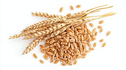 Close up shot of wheat stalks and grains on a white background showing the texture and detail of the harvest