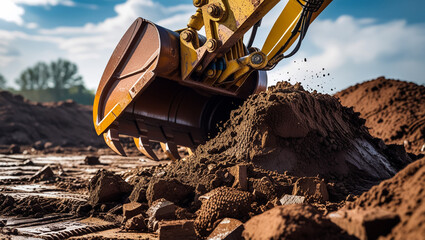 Mini excavator at the construction site on the edge of a pit against a cloudy blue sky. Compact construction equipment for earthworks. An indispensable assistant for earthworks