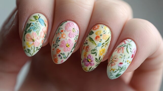 Detailed Floral Nail Art Design with Vibrant Colors and Patterns