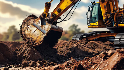 Mini excavator at the construction site on the edge of a pit against a cloudy blue sky. Compact construction equipment for earthworks. An indispensable assistant for earthworks