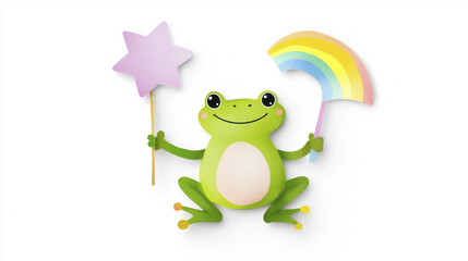 Fototapeta premium Cute frog holding star and rainbow umbrella, perfect for children themes and playful designs. This cheerful character brings joy and creativity