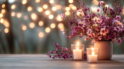 A lively floral bouquet paired with flickering candles, creating an inviting atmosphere perfect for gatherings or intimate moments while enchanting the senses with delightful colors.