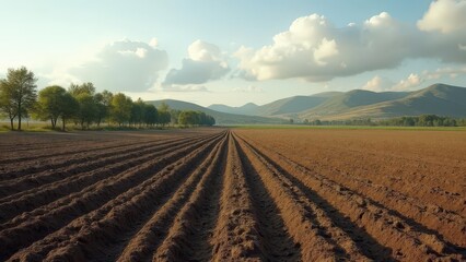 Plowed field with rows of soil leading to distant mountains under a cloudy sky at daytime scenery view