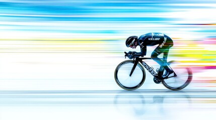 Cyclist in Black Gear Racing on Smooth Pavement with Motion Blur and Vibrant Background Colors