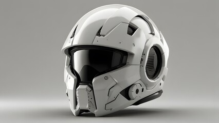 Fototapeta premium Futuristic 3D Helmet with Curved Visor and Layered Surface on White Background