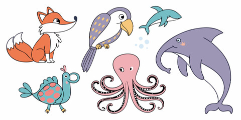 Cute Cartoon Animals Clipart Illustration Fox Parrot Shark Dolphin Octopus Dinosaur