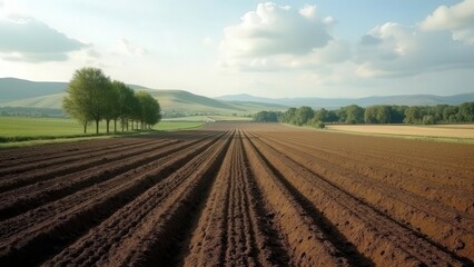 Plowed field with rows of soil leading to distant trees and hills under a partly cloudy sky landscape