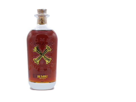 4-4-25 Florida flagship Original Bumbis blended from fine Barbados rum and hand selected spices.  Isolated on white background with copy space