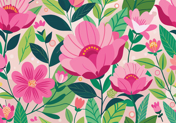 Pink Floral Blossom Pattern Blooming Flowers, Green Leaves, Nature