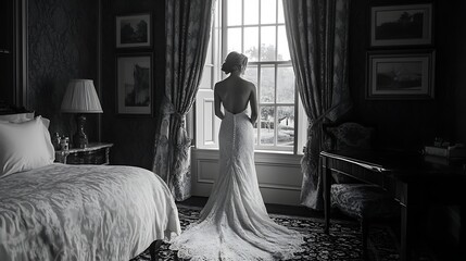 A bride stands in a bedroom gazing through a large window