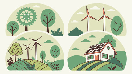 Green Renewable Energy Illustrations Gear Windmills Solar Panels House Trees Nature Eco Friendly Sustainable Cartoon Flat Design Ecology and Environment Themes
