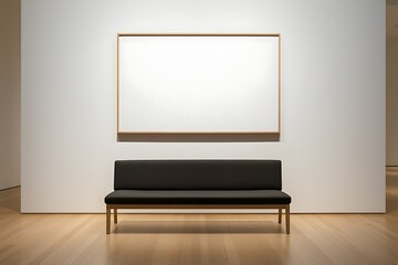 Minimalist Interior Design Empty Frame Above Modern Bench in Gallery Setting.