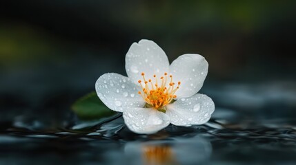 A stunning white flower floating gently on the surface of crystal-clear water, capturing the essence of calmness and serenity while highlighting its delicate petals and vibrant center.