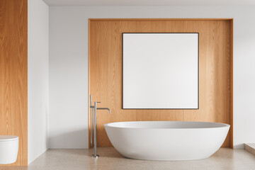 Minimalist bathroom interior with blank poster on wooden wall above white bathtub for clean design presentation or layout template display.. 3D Rendering