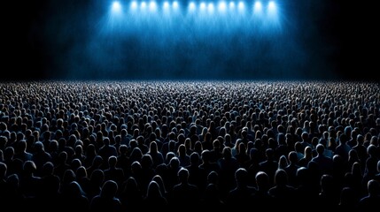 Fototapeta premium Large Crowd of People in Dark Setting with Spotlight Overhead and Fog Creating Dramatic Atmosphere