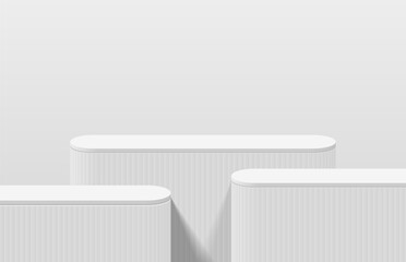 Three realistic white 3d round podium pedestal in clean studio room. Minimal wall scene for product display presentation. 3d stage for product mockup. Vector geometric platform. 3d vector rendering.