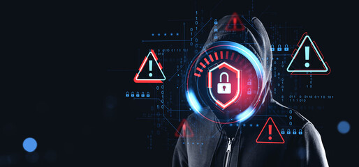 Cybersecurity threat concept with hacker and digital padlock warning symbol.