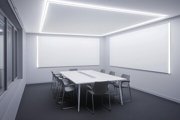 Modern Minimalist Conference Room Interior Design with Blank Presentation Boards.