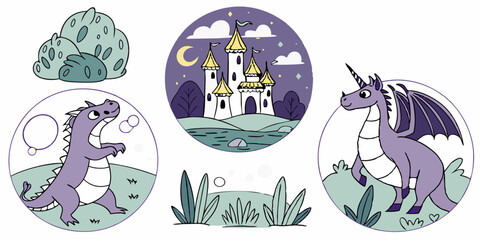 Naklejka premium Cute Cartoon Fantasy Purple Dragons and Castle Fairy Tale Starry Night Scene