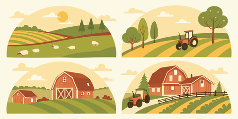 Cartoon Rural Farm Scenes Vector Illustration Sheep Tractor Barn Farmhouse Fields Trees Sun Hills