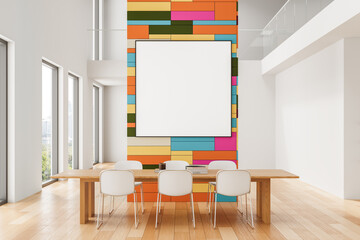 Blank poster mockup on colorful tiled wall in modern meeting room with wooden floor and minimal white chairs for clean presentation layout template. 3D Rendering