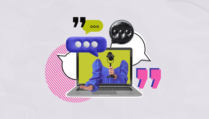 Creative collage of podcast host with speech bubbles and laptop screen elements.