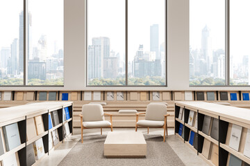Modern interior design library with minimalist furniture and panoramic city view. 3D Rendering