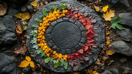 Colorful autumn leaves arranged in circular mandala pattern on slate stone displaying seasonal transition with yellow flowers and red foliage