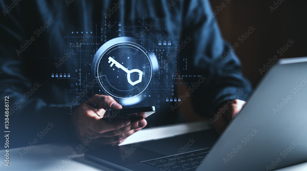 Poster cybersecurity authentication with digital key and smartphone access concept.