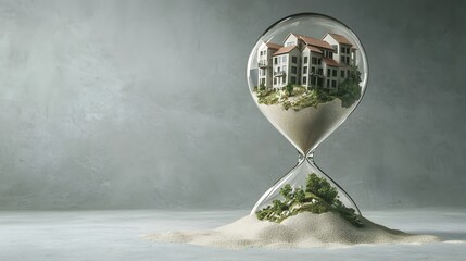 Hourglass with House Model Representing Time and Real Estate Concept