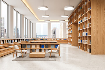 Modern library interior with wooden bookshelves and seating area. 3D Rendering