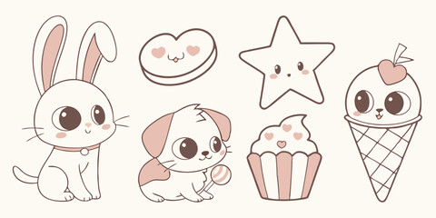 Lovely Sweet Cute Kawaii Cartoon Vector Line Art Graphic Illustration of Adorable Bunny Dog Star Ice Cream Cupcake Bean Characters Design Clip Art for Children
