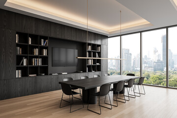 Modern conference room interior with wooden elements and panoramic city view. 3D Rendering