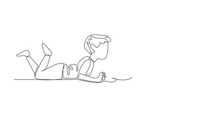 Animated self drawing of continuous one line drawing the little boy prone giving kisses to the chicks in the basket. First chicken farming experiment. National Farm Animals Day. Full length animation