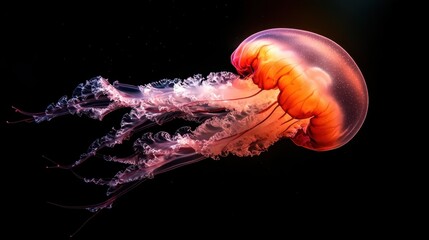 This stunning image captures a vibrant jellyfish elegantly floating through the dark ocean depths, showcasing its delicate structure and bioluminescent glow.
