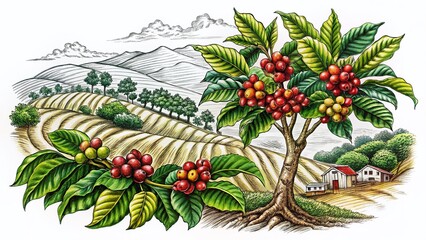 Coffee Tree Ink Sketch: Logo Design Template for Packaging, Stickers, Posters & Merchandise